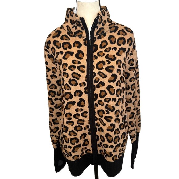 Rachel Zoe Animal Print Full Zip Knit Cardigan Sweater Jacket Pockets Size XL - Picture 1 of 8